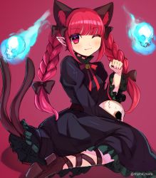 Rule 34 | 1girl, :3, animal ear fluff, animal ears, bell, black dress, black footwear, black ribbon, blue fire, bow, bowtie, braid, cat ears, cat tail, dress, fire, floating skull, frilled dress, frilled sleeves, frills, jingle bell, juliet sleeves, kaenbyou rin, leg ribbon, long sleeves, marota, multiple tails, nekomata, one eye closed, paw pose, pointy ears, puffy sleeves, red background, red bow, red hair, ribbon, shoes, simple background, sitting, solo, tail, touhou, twin braids, two tails