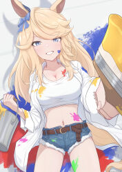 1girl absurdres alternate_costume blonde_hair blue_bow blue_eyes bow breasts chahiro commentary_request denim denim_shorts ear_bow gold_city_(umamusume) grin highres holding holding_paintbrush horse_girl large_breasts navel open_clothes open_shirt paint paint_splatter paintbrush shirt shorts smile solo stomach thighs umamusume white_shirt