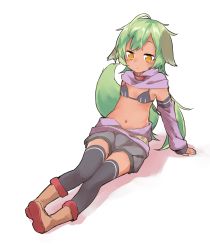 Rule 34 | 1girl, absurdres, ahoge, animal ears, arm support, black thighhighs, blush, boots, borrowed character, breasts, dark-skinned female, dark skin, detached sleeves, dog ears, dog tail, green hair, highres, long hair, looking at viewer, navel, original, sekira ame, sitting, small breasts, solo, tail, thighhighs, titi-chan (nezumi inu), white background, yellow eyes