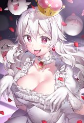 Rule 34 | 1girl, bad id, bad pixiv id, blush, boo (mario), breasts, brooch, cleavage, collar, collarbone, crown, detached collar, dress, earrings, frilled collar, frilled dress, frilled gloves, frills, ghost pose, gloves, h shai, hair between eyes, hands up, jewelry, large breasts, long hair, looking at viewer, luigi&#039;s mansion, mario (series), new super mario bros. u deluxe, nintendo, open mouth, petals, princess king boo, puffy short sleeves, puffy sleeves, purple eyes, sharp teeth, short sleeves, super crown, teeth, tongue, tongue out, upper body, white dress, white gloves, white hair