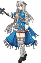 Rule 34 | 1girl, armor, black footwear, black gloves, blue dress, brown eyes, brown skirt, character request, commentary request, copyright request, dress, final fantasy, final fantasy brave exvius, frown, full body, gauntlets, gloves, grey hair, hair ornament, halberd, holding, holding weapon, long hair, looking at viewer, polearm, shiseki hirame, shoes, shoulder armor, simple background, skirt, solo, split mouth, war of the visions: final fantasy brave exvius, weapon, white background