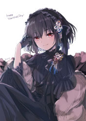 Rule 34 | 1girl, b.a.d., bad id, bad pixiv id, black dress, black gloves, black hair, black hairband, blush, brown eyes, closed mouth, commentary request, dress, frilled hairband, frills, gloves, hair between eyes, hairband, half gloves, hand up, happy valentine, head tilt, konayama kata, looking at viewer, mayuzumi azaka, puffy sleeves, simple background, sitting, smile, solo, white background