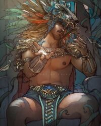 Rule 34 | 1boy, animal skull, arm hair, bara, beard, beckoning, black panther: wakanda forever, chest hair, facial hair, feathers, goatee, hairy, head tilt, headpiece, highres, leg hair, looking at viewer, male focus, mature male, namor, navel, nipples, outstretched hand, pectorals, pelvic curtain, reaching, reaching towards viewer, realistic, salem beiruti, short hair, sitting, solo, spread legs, stomach, thick beard, thick mustache, thighs, toned, toned male, topless male, tribal