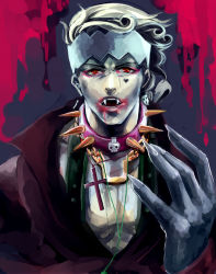 Rule 34 | 1boy, bad id, bad pixiv id, blood, cape, collar, cross, cross necklace, curly hair, fangs, headband, jewelry, jojo no kimyou na bouken, kishibe rohan, male focus, momosuke0757, necklace, red eyes, solo, spiked collar, spikes, vampire