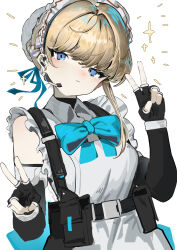 Rule 34 | 1girl, absurdres, apron, black gloves, blonde hair, blue archive, blue eyes, bow, bowtie, breasts, bun cover, closed mouth, detached sleeves, double v, fingerless gloves, frills, gloves, hair bun, headset, highres, looking at viewer, maid headdress, medium breasts, mitsuki3s kir, pouch, ribbon, simple background, solo, sparkle, toki (blue archive), upper body, v, white apron, white background