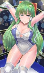 Rule 34 | 1girl, audience, blue eyes, blue leotard, breasts, cleavage cutout, clothing cutout, collarbone, elbow pads, exhausted, frog hair ornament, from above, green hair, hair between eyes, hair ornament, hair tubes, knee pads, kochiya sanae, large breasts, leotard, lights, lips, looking at viewer, looking up, rope, snake hair ornament, stage lights, sweat, touhou, touhou tag dream, white leotard, wrestling outfit, wrestling ring, y2