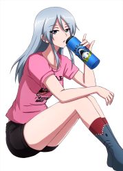 Rule 34 | 1girl, black shorts, blue eyes, casual, clothes writing, commentary, elbow on knee, flint (girls und panzer), girls und panzer, highres, holding thermos, leaning forward, long hair, looking at viewer, \n/, omachi (slabco), open mouth, pink shirt, print shirt, print socks, shark, shark print, shirt, short shorts, short sleeves, shorts, silver hair, simple background, sitting, socks, solo, t-shirt, thermos, white background