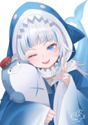 Rule 34 | 1girl, ;d, animal costume, animal hood, awa (awao141), bloop (gawr gura), blue eyes, blue hair, blue hoodie, blue nails, blunt bangs, blush, fingernails, fins, fish tail, gawr gura, gawr gura (1st costume), grey hair, highres, hololive, hololive english, hood, hoodie, long hair, long sleeves, multicolored hair, nail polish, one eye closed, open mouth, shark costume, shark girl, shark hood, shark tail, sharp teeth, signature, sleeves past wrists, smile, solo, streaked hair, tail, teeth, two side up, upper body, v, virtual youtuber, wide sleeves
