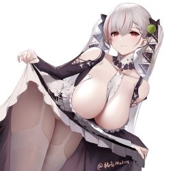 Rule 34 | 1girl, an yasuri, azur lane, breasts, cleavage, clothes lift, dress, formidable (azur lane), grey hair, highres, large breasts, long hair, red eyes, skirt, skirt lift, solo, twintails