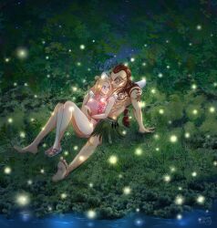 Rule 34 | 1boy, 1girl, antenna hair, blonde hair, braid, brown hair, chest tattoo, commentary request, conis (one piece), dress, facial tattoo, fireflies, full body, highres, hug, long hair, looking at another, muscular, muscular male, night, night sky, on grass, one piece, pink dress, ponytail, sandals, shina (ooo417ooo), short dress, shoulder tattoo, skirt, sky, tattoo, topless male, tree, twin braids, white wings, wings, wyper (one piece)