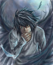Rule 34 | 1boy, artist request, black eyes, black hair, covering own mouth, death note, feathered wings, feathers, hand over own mouth, l (death note), long sleeves, looking at viewer, male focus, shirt, solo, white shirt, wings