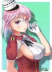 Rule 34 | 1girl, armpits, border, breasts, giuseppe garibaldi (kancolle), gloves, gradient hair, green background, hat, highres, kantai collection, looking at viewer, medium breasts, multicolored hair, parted lips, pink eyes, pink hair, red shirt, red skirt, shirt, short hair, sideboob, skirt, soba chatarou (tita), solo, two-tone background, upper body, white border, white gloves, white hat