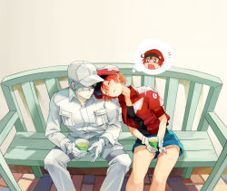 Rule 34 | 0 0, 10s, 1boy, 1girl, ae-3803, ahoge, bench, blush, cabbie hat, colored skin, couple, cup, embarrassed, closed eyes, flat cap, gloves, hair over one eye, hat, hataraku saibou, head on another&#039;s shoulder, jacket, long sleeves, o o, pants, red blood cell (hataraku saibou), red hair, short hair, shorts, sitting, sleeping, thought bubble, u-1146, uniform, wavy mouth, white blood cell (hataraku saibou), white hair, white skin