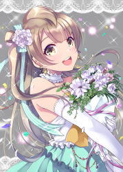 Rule 34 | 1girl, :d, aqua bow, aqua dress, bouquet, bow, brown hair, choker, dress, earrings, elbow gloves, floating hair, flower, gloves, grey background, hair bow, hair flower, hair ornament, holding, holding bouquet, inui sekihiko, jewelry, layered dress, long hair, looking at viewer, love live!, love live! school idol project, minami kotori, open mouth, side ponytail, sleeveless, sleeveless dress, smile, solo, sparkle, standing, strapless, strapless dress, striped, striped bow, two-tone dress, very long hair, white choker, white dress, white flower, white gloves, yellow eyes
