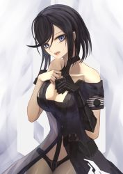 Rule 34 | 1girl, absurdres, arms up, bare shoulders, black dress, black hair, blue eyes, breasts, cleavage, collarbone, dress, girls&#039; frontline, highres, intruder (girls&#039; frontline), long hair, looking at viewer, mechanical arms, medium breasts, open mouth, parted lips, sangvis ferri, simple background, single mechanical arm, sitting, solo, teeth, thomas 8000, upper teeth only