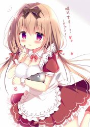 Rule 34 | 1girl, :p, apron, azumi kazuki, blush, bow, breasts, brown bow, chocolate on hand, cleavage, closed mouth, collar, commentary request, detached collar, dress, food on hand, frilled apron, frilled dress, frills, hair between eyes, hair bow, hair intakes, heart, index finger raised, light brown hair, long hair, looking at viewer, low twintails, medium breasts, mixing bowl, original, puffy short sleeves, puffy sleeves, red bow, red dress, red eyes, short sleeves, smile, solo, standing, standing on one leg, tongue, tongue out, translation request, twintails, very long hair, white apron, white collar, wing collar, wrist cuffs