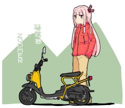 Rule 34 | 1girl, :/, alternate costume, blunt bangs, blush, closed mouth, full body, hair ribbon, hands in pockets, honda takashi (enorea), jacket, kotonoha akane, long hair, long sleeves, looking at viewer, motor vehicle, pants, pink hair, red eyes, red jacket, red ribbon, ribbon, sidelocks, solo, standing, straight hair, translated, two-tone background, vehicle request, very long hair, voiceroid, yellow pants, zipper