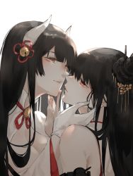 Rule 34 | 2girls, azur lane, bare shoulders, black hair, blush, breasts, crossover, detached sleeves, flower, fusou (kancolle), hair flower, hair ornament, hiei (azur lane), horns, imminent kiss, japanese clothes, kantai collection, large breasts, long hair, looking at another, multiple girls, neko (ganecooo), nontraditional miko, red eyes, smile, yellow eyes, yuri
