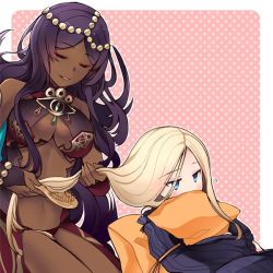 Rule 34 | 2girls, abigail williams (fate), blonde hair, blue eyes, breasts, cleavage cutout, clothing cutout, dark skin, dark-skinned female, closed eyes, fate/grand order, fate (series), brushing hair, kneeling, large breasts, long hair, multiple girls, pillow, pink background, polka dot, polka dot background, purple hair, queen of sheba (fate), revealing clothes, simple background, teramoto kaoru, tituba (fate/grand order)