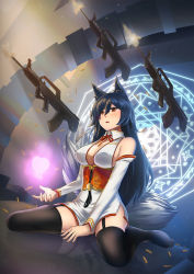 Rule 34 | ahri (league of legends), animal ears, assault rifle, atago (azur lane), atago (azur lane) (cosplay), azur lane, bare shoulders, black hair, black thighhighs, breasts, bullpup, cleavage, cosplay, creator connection, detached sleeves, energy ball, fangs, fox ears, fox tail, gun, heart, highres, large breasts, league of legends, long hair, miniskirt, multiple tails, open mouth, persocon93, qbz-95, rifle, skirt, slit pupils, solo, tail, thighhighs, trait connection, weapon, yellow eyes