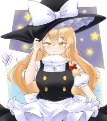 Rule 34 | 1girl, absurdres, apron, black hat, black vest, blonde hair, bow, braid, closed mouth, cowboy shot, dated, hand on headwear, hat, hat bow, highres, kirisame marisa, long hair, looking at viewer, natch imaycz, puffy short sleeves, puffy sleeves, shirt, short sleeves, side braid, signature, single braid, smile, solo, standing, star (symbol), touhou, turtleneck, vest, waist apron, white apron, white bow, white shirt, witch hat, yellow eyes