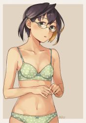 Rule 34 | 1girl, blush, bra, breasts, glasses, green bra, green panties, hair ornament, hairclip, kantai collection, makio (makiomeigenbot), multicolored hair, okinami (kancolle), open mouth, orange hair, panties, polka dot, polka dot bra, polka dot panties, purple hair, short hair, signature, simple background, small breasts, solo, two-tone background, underwear