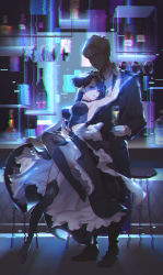 Rule 34 | 1boy, 1girl, absurdres, adapted costume, agent (girls&#039; frontline), apron, arm around neck, arm around waist, bar (place), bar stool, black hair, black legwear, bottle, breasts, business suit, champagne flute, character request, choker, chromatic aberration, clothes lift, commentary request, cup, distortion, double bun, dress, dress lift, drinking glass, emurina, formal, front-seamed legwear, full body, g-string, garter straps, girls&#039; frontline, high heels, highres, huge filesize, knee up, lace, lace-trimmed legwear, lace trim, leaning back, leaning on person, legs, looking at viewer, maid headdress, medium breasts, night, parted lips, seamed legwear, shaded face, stool, strapless, strapless dress, suit, thighs, thong, va-11 hall-a, wine glass