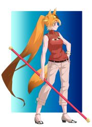 Rule 34 | 1girl, animal ears, arm at side, bare arms, bare shoulders, belt, brown hair, casual, circlet, closed mouth, contemporary, full body, golden snub-nosed monkey (kemono friends), hand on own hip, high ponytail, highres, holding, holding weapon, jewelry, kemono friends, long hair, looking afar, monkey ears, monkey tail, multicolored hair, necklace, orange hair, pants, red eyes, red sweater, shoes, sleeveless, sleeveless sweater, smile, solo, standing, sweater, tail, tanabe (fueisei), very long hair, weapon