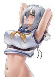 Rule 34 | 1girl, absurdres, armpits, arms behind head, arms up, bdsm, blue eyes, blush, bondage, bottomless, bound, bound wrists, breasts, clenched teeth, crop top, gloves, hair ornament, hair over one eye, hairclip, hamakaze (kancolle), harris hero, highres, kantai collection, large breasts, looking at viewer, navel, neckerchief, out-of-frame censoring, parted lips, rope, school uniform, serafuku, short hair, short sleeves, silver hair, simple background, solo, stomach, sweat, tears, teeth, underbust, upper body, white background, white gloves, yellow neckerchief