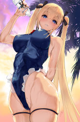 Rule 34 | 1girl, alternate breast size, azur lane, bare arms, bare shoulders, black ribbon, blonde hair, blue eyes, blue leotard, bottle, breasts, casual one-piece swimsuit, dead or alive, frilled leotard, frills, hair ornament, hair ribbon, highleg, highleg swimsuit, highres, large breasts, leotard, looking at viewer, marie rose, one-piece swimsuit, outdoors, pouring, pouring onto self, revision, ribbon, satou daiji, smile, solo, swimsuit, thigh strap, thighs, twintails, water bottle, x hair ornament