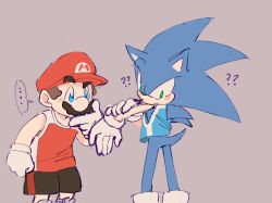 Rule 34 | ..., 2boys, ?, ??, animal ears, big nose, black shorts, blue eyes, blue shirt, blush stickers, brown hair, cabbie hat, clenched hand, commentary, cutie-png, english commentary, facial hair, furry, furry male, gloves, green eyes, hand on own arm, hand on own chin, hat, hedgehog, jersey, letter, light brown background, looking at self, mario, mario &amp; sonic at the olympic games, mario &amp; sonic at the tokyo 2020 olympic games, mario (series), multiple boys, mustache, nintendo, official alternate costume, quill, raised eyebrow, red headwear, red shirt, shirt, shoes, short hair, shorts, sleeveless, sleeveless shirt, sneakers, sonic (series), sonic the hedgehog, speech bubble, thick eyebrows, torn clothes, white gloves