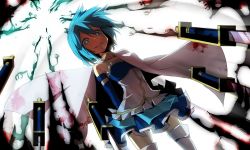 Rule 34 | 10s, arms behind back, bad id, bad pixiv id, blood, blood stain, blue eyes, blue hair, cape, dutch angle, from below, magical girl, mahou shoujo madoka magica, mahou shoujo madoka magica (anime), miki sayaka, short hair, smile, solo, sword, thighhighs, weapon, white thighhighs, witch&#039;s labyrinth, zen33n, zettai ryouiki