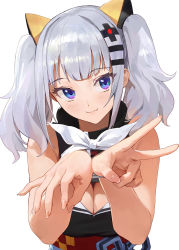 Rule 34 | 1girl, :3, bare arms, bare shoulders, black shirt, blue eyes, bow, breasts, cleavage, cleavage cutout, clothing cutout, hair ornament, hairclip, high collar, highres, kaguya luna, long hair, looking at viewer, medium breasts, modare, popped collar, restrained, shirt, silver hair, sleeveless, sleeveless shirt, smile, solo, the moon studio, upper body, virtual youtuber