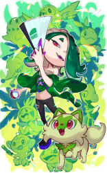 Rule 34 | 1girl, :3, :d, alternate color, asymmetrical bangs, asymmetrical hair, bare shoulders, black pants, bulbasaur, cat, chespin, chest sarashi, chikorita, collarbone, colored skin, commentary request, creatures (company), crossover, fangs, folding fan, full body, game freak, gen 1 pokemon, gen 2 pokemon, gen 3 pokemon, gen 4 pokemon, gen 5 pokemon, gen 6 pokemon, gen 7 pokemon, gen 8 pokemon, green hair, green shawl, green theme, grookey, hachimaki, hair over one eye, hand fan, hand up, headband, highres, holding, holding fan, holding poke ball, looking at viewer, medium hair, midriff, multicolored skin, nejiri hachimaki, nijimaarc, nintendo, octoling, one eye covered, open mouth, pants, parted bangs, poke ball, poke ball (basic), pokemon, pokemon (creature), red eyes, rowlet, sarashi, shawl, shiver (splatoon), short eyebrows, smile, snivy, splatoon (series), splatoon 3, sprigatito, teeth, tentacle hair, torn clothes, torn pants, treecko, tsurime, turtwig