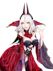 Rule 34 | 1girl, aqua nails, bare shoulders, breasts, carmilla (fate), curly hair, detached sleeves, fate/grand order, fate (series), fingernails, headgear, high collar, highres, large breasts, long fingernails, long hair, looking at viewer, nail polish, parted bangs, parted lips, red lips, revealing clothes, simple background, smile, solo, white background, white hair, wide sleeves, yellow eyes, zassounabe
