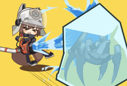 Rule 34 | &gt; &lt;, 1girl, animal ears, animal hat, arknights, black footwear, black gloves, black jacket, boots, brown hair, closed eyes, commentary request, fake animal ears, fire helmet, firefighter jacket, frozen, gloves, hat, highres, hose, jacket, open mouth, shadow, shaw (arknights), short eyebrows, simple background, solo, suzubotan, thick eyebrows, water, yellow background