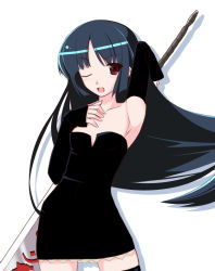 Rule 34 | 1girl, :d, ;d, arm behind back, arm up, armpits, bare shoulders, black dress, black hair, black thighhighs, blue hair, collarbone, dress, flat chest, floating hair, ganmo, hand on own chest, holding, holding weapon, long hair, looking at viewer, one eye closed, open mouth, original, polearm, red eyes, simple background, smile, solo, strapless, strapless dress, sword, thighhighs, very long hair, weapon, white background, zettai ryouiki