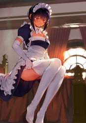Rule 34 | 1girl, black hair, breasts, cleavage, closed mouth, dark-skinned female, dark skin, elbow gloves, garter straps, gloves, highres, indoors, konbu wakame, large breasts, lilith (saikin yatotta maid ga ayashii), looking away, maid, maid headdress, mole, mole on breast, mole under eye, no shoes, puffy short sleeves, puffy sleeves, purple eyes, saikin yatotta maid ga ayashii, short hair, short sleeves, sitting, solo, thighhighs, thighs, watermark, white gloves, white thighhighs