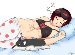 Rule 34 | 1girl, animal, bare shoulders, bed, black camisole, black hair, black shirt, blush, breasts, camisole, closed eyes, collarbone, commentary, commission, dated, dog, drooling, english commentary, groin, highres, large breasts, lying, mehlewds, midriff, multicolored hair, navel, on side, open mouth, pajamas, pillow, red hair, ruby rose, rwby, shirt, short hair, signature, simple background, sleep mask, sleeping, stomach, streaked hair, thighs, underboob, white background, wide hips, zwei (rwby), zzz