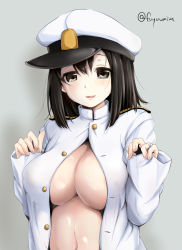 Rule 34 | 1girl, admiral (kancolle) (cosplay), admiral (kancolle), akitsu maru (kancolle), alternate costume, black eyes, black hair, breasts, cosplay, fuyu mi, hair between eyes, hat, kantai collection, large breasts, looking at viewer, military, military uniform, no bra, open clothes, parted lips, peaked cap, short hair, smile, solo, underwear, uniform, upper body