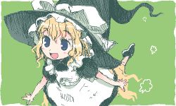 Rule 34 | 1girl, :d, apron, black skirt, black vest, blonde hair, blue eyes, blush, bow, female focus, green background, hat, hat bow, kirisame marisa, lowres, okome (ricecandy), open mouth, puffy short sleeves, puffy sleeves, shirt, short sleeves, simple background, skirt, smile, solo, touhou, vest, waist apron, white bow, white shirt, witch hat