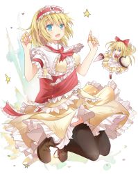 Rule 34 | 1girl, alice margatroid, alternate color, apron, ascot, black thighhighs, blonde hair, blue eyes, boots, bow, capelet, doll, dress, efe, female focus, hair bow, hairband, jewelry, lace, legs folded, long hair, matching shanghai, md5 mismatch, open mouth, puppet rings, puppet strings, red ribbon, ribbon, ring, shanghai doll, shield, short hair, smile, solo, star (symbol), thighhighs, touhou, waist apron