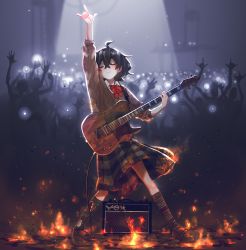 Rule 34 | 1girl, \m/, absurdres, arm up, black hair, blind girl (popopoka), bow, bowtie, box, brown sweater, cable, crowd, fire, freckles, grey skirt, guitar, highres, holding, instrument, kneehighs, original, plaid, plaid skirt, popopoka, red bow, red bowtie, shirt, skirt, smile, socks, solo focus, sweater