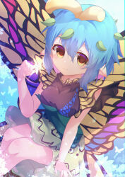 Rule 34 | 1girl, absurdres, antennae, black shirt, blue hair, blush, bug, butterfly, butterfly on hand, butterfly wings, closed mouth, commentary, eternity larva, feet out of frame, green shirt, green skirt, hair between eyes, hair ornament, highres, insect, insect wings, leaf hair ornament, littlepeace, looking at viewer, multicolored shirt, pointy ears, shirt, short hair, skirt, smile, solo, symbol-only commentary, touhou, wings, yellow eyes