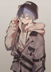 Rule 34 | 1boy, aoyagi touya, arm at side, bandaid, bandaid on neck, belt buckle, bespectacled, blue eyes, blue hair, buckle, buttons, closed eyes, commentary request, cowboy shot, dark blue hair, dizzy trap (project sekai), drawstring, glasses, hat, highres, hood, hood down, hooded jacket, jacket, jishio, long sleeves, looking at viewer, male focus, mole, mole under eye, multicolored hair, project sekai, round eyewear, simple background, solo, split-color hair, two-tone hair