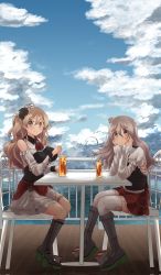 Rule 34 | 2girls, ascot, blonde hair, blush, brown eyes, chair, closed mouth, cloud, cloudy sky, corset, cup, day, drink, drinking glass, drinking straw, grey hair, hair between eyes, hat, highres, kantai collection, long hair, long sleeves, mini hat, mizunototori, multiple girls, parted lips, pola (kancolle), red ascot, red skirt, rudder footwear, shirt, sitting, skirt, sky, smile, thighhighs, wavy hair, white headwear, white shirt, white thighhighs, zara (kancolle), zara due (kancolle)