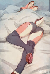 1girl animal_ears artist_name ass black_shorts black_thighhighs blanket body_fur brown_fur closed_eyes furry furry_female highres indoors mireille_(unluckymireille) original pillow rabbit_ears rabbit_girl rabbit_tail shorts sleeping solo tail thighhighs toeless_legwear