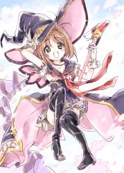 Rule 34 | 1girl, :d, artist name, black footwear, boots, brown eyes, brown hair, cardcaptor sakura, cherry blossoms, commentary request, flying, frilled shirt, frills, full body, fuuin no tsue, gloves, hat, highres, kinomoto sakura, kuroi mimei, looking at viewer, miniskirt, neckerchief, open mouth, overskirt, parted lips, pleated skirt, red neckerchief, sailor collar, shirt, short hair, short sleeves, signature, sketch, skirt, smile, solo, striped clothes, striped skirt, thigh boots, thighhighs, traditional media, white gloves, white shirt, white skirt, wind, witch hat