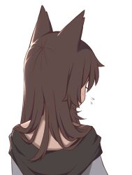 Rule 34 | 1girl, animal ears, blush, brown hair, flying sweatdrops, from behind, imaizumi kagerou, long hair, simple background, solo, touhou, upper body, white background, wolf ears, wolf girl, wool (miwol)