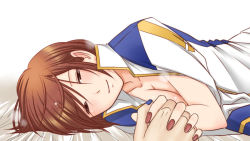 Rule 34 | 1girl, afterglow, borrowed clothes, breasts, brown eyes, brown hair, cleavage, cosplay, holding hands, kaito (cosplay), kaito (vocaloid), large breasts, looking at viewer, lying, meiko (vocaloid), nail polish, on bed, on side, pov, pov across bed, short hair, smile, solo focus, tomo-graphy, vocaloid